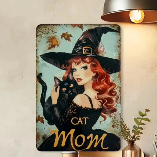 "Witch Cat Mom Playful 2D Tin Poster – Flat Plate Decorative Sign for Outdoor Whimsy"