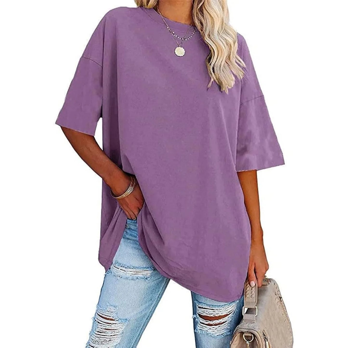 Womens Summer Casual Loose T-Shirt Short Sleeve Crewneck Solid Color Basic Tee Oversized Tunic Tops