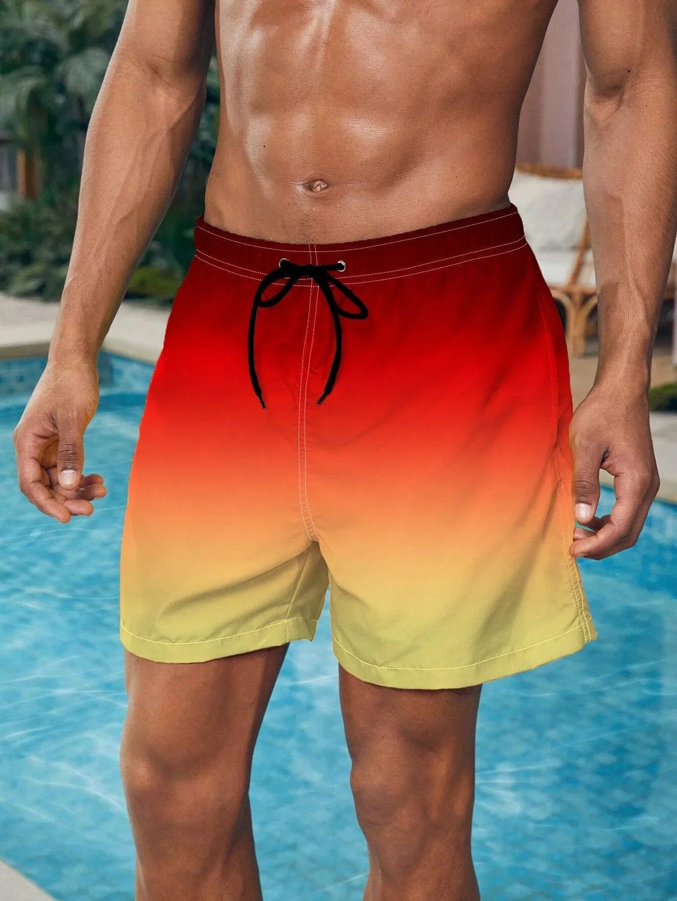 Men's Beach Shorts Gradient Color Block Drawstring Summer Men's swim Trunks Elastic Waist 3D Print Breathable Short Streetwear