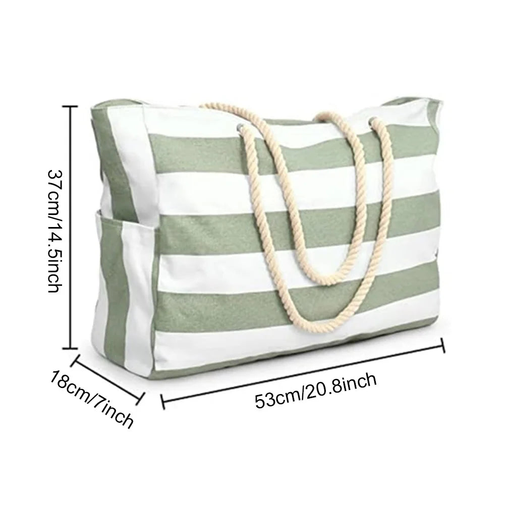 Women Beach Bag Stripe Waterproof Sandproof Shoulder Bag Large Capacity Canvas Tote Bag with Zipper Travel Handbag Swim Pool Bag