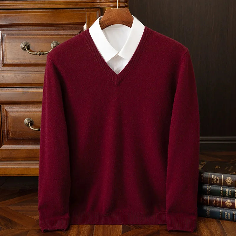 Fashion Men's 100% Cashmere Pullover Sweater V-neck Long Sleeve Thick Pullover Autumn Winter Smart Casual Cashmere Knit Clothing