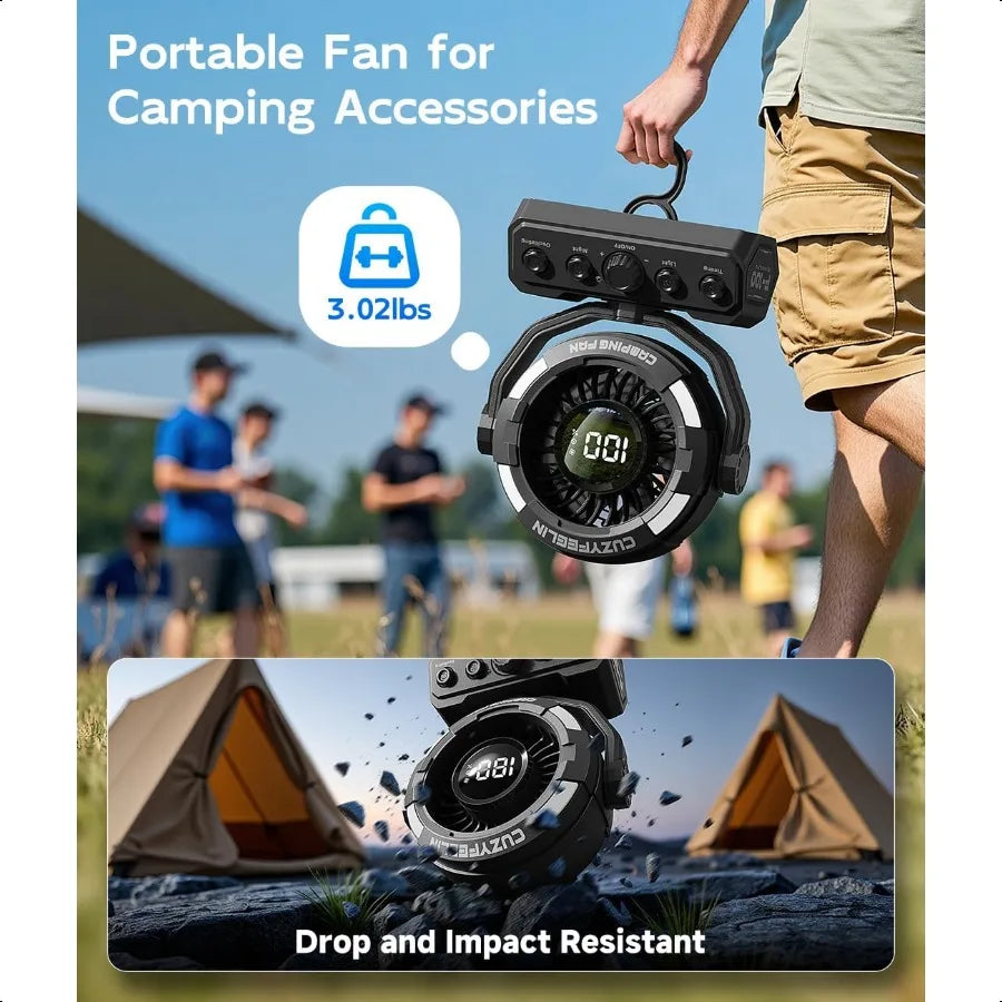 Portable Fan Rechargeable Versatility Camping Fan with LED Light Hook MAX 80H Cooling Time Battery Powered 100 Speeds 180 Oscil