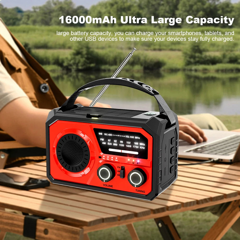 16000mAh AM/FM/WB NOAA Emergency Weather Radio Hand Crank/Solar/Type-C Charging LED Flashlight Reading Lamp Power Bank