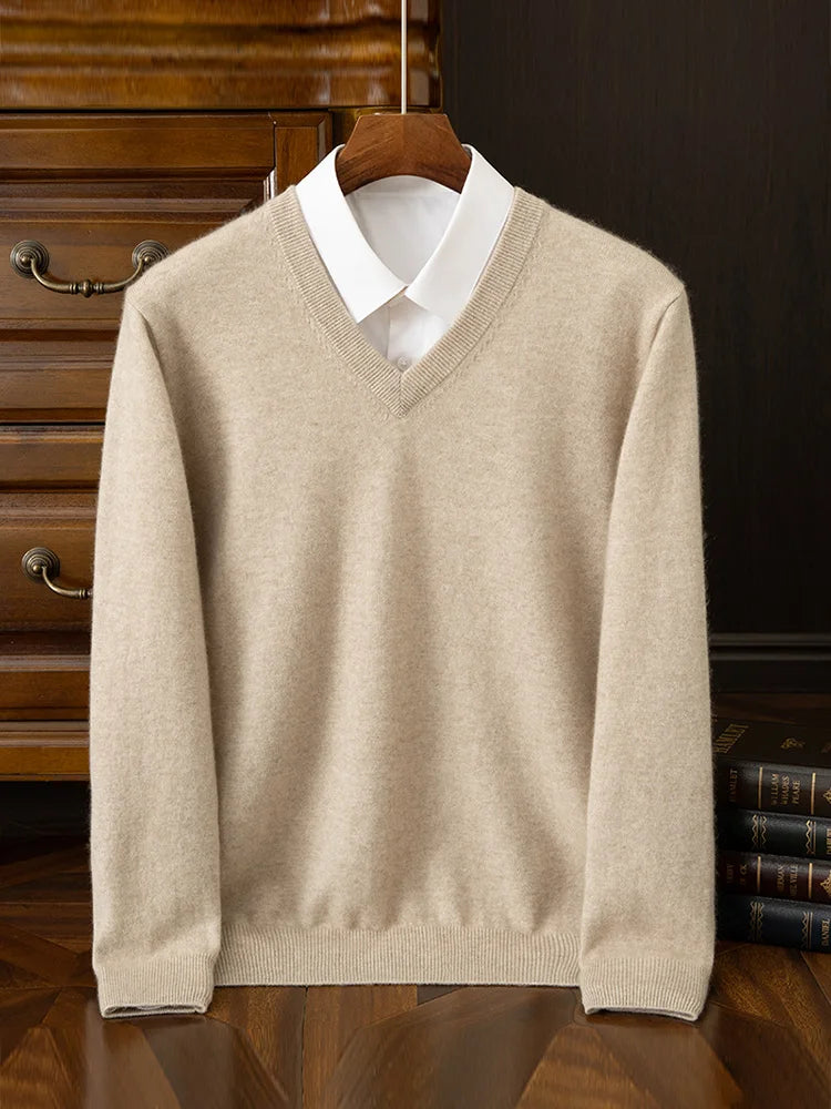 Fashion Men's 100% Cashmere Pullover Sweater V-neck Long Sleeve Thick Pullover Autumn Winter Smart Casual Cashmere Knit Clothing