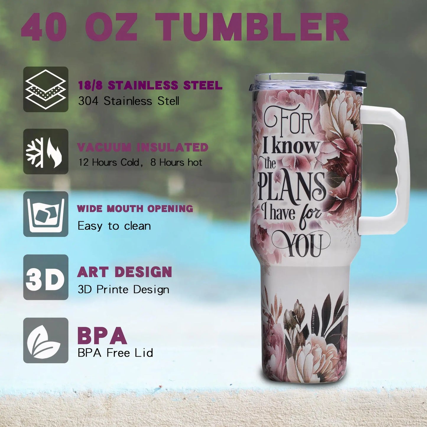 Floral Christian Tumbler 40oz,Vacuum Insulated Stainless Steel Cup with Lid & Handle, Bible Verse Print, Wide Mouth Gift