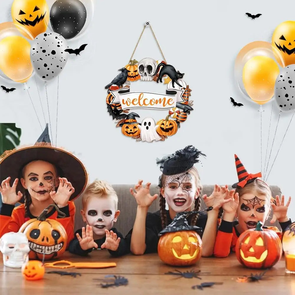 Rustic Halloween Wooden Wreath – Ghost, Cat, Pumpkin & Skull Door Sign for Front Door & Home Decor