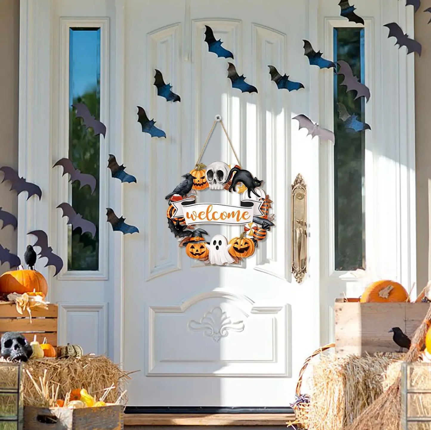 Rustic Halloween Wooden Wreath – Ghost, Cat, Pumpkin & Skull Door Sign for Front Door & Home Decor