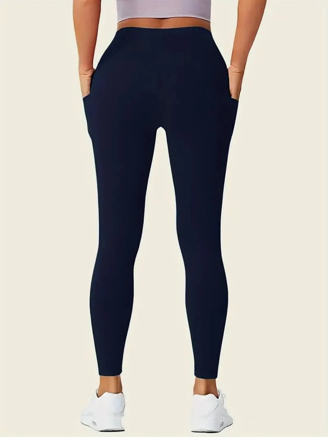 Solid Color Yoga Pants with Pocket, High Stretch Fitness Leggings for Women, Tummy Control Workout Running Sports Activewear, 4-