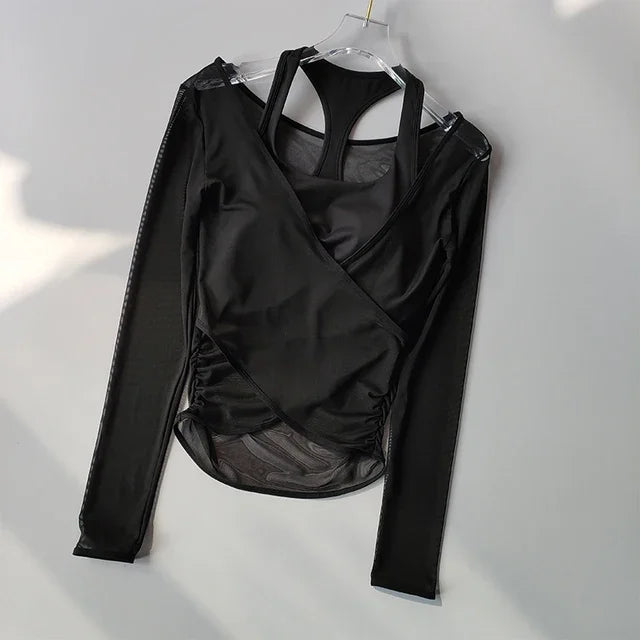 Sexy Mesh Slimming Yoga Suit for Women, Gathering Together, Sports Bra, Two Pieces, Quick Dry Training, Pilates Cover Up Blouse