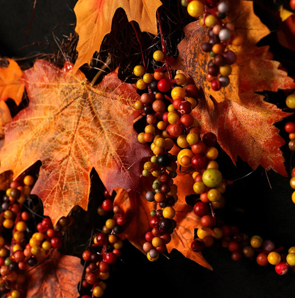 1Pc Xmas Thanksgiving Day Artificial Berries Maple Leaf Garland Realistic Unfading Foam, Rattan Wreath Hanging Decor
