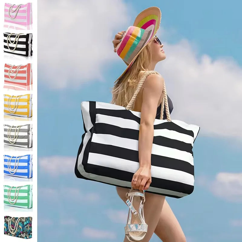 Women Beach Bag Stripe Waterproof Sandproof Shoulder Bag Large Capacity Canvas Tote Bag with Zipper Travel Handbag Swim Pool Bag