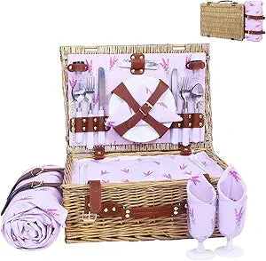 Wicker Picnic Basket for 4 with Insulated Cooler & Waterproof Blanket – Large Willow Picnic Hamper for Outdoor, Camping, Beach,