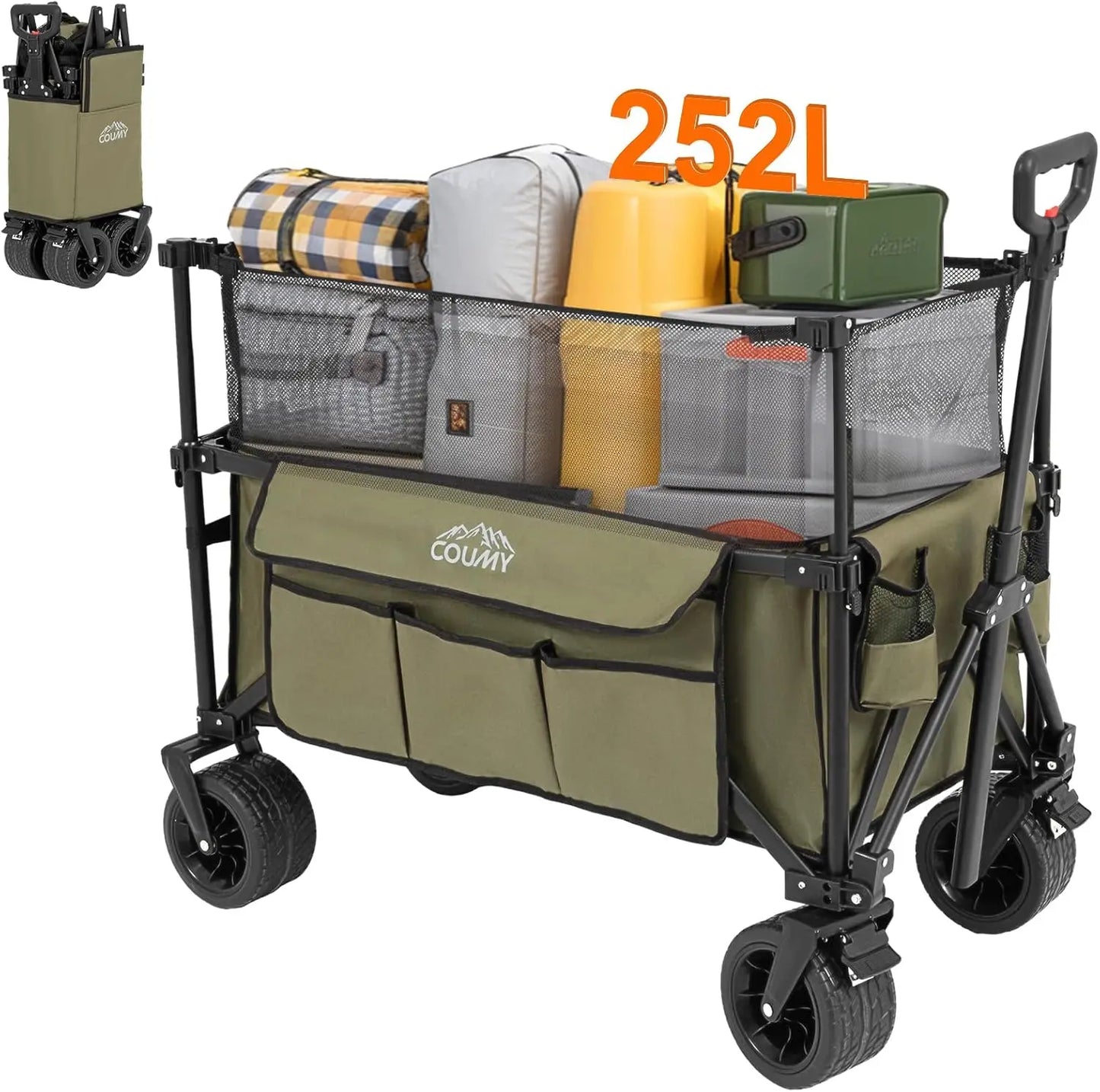 Collapsible Wagon Cart with 440lbs Weight Capacity Heavy Duty Camping Garden Cart with All Terrain Wheels Adjustable Handle Side