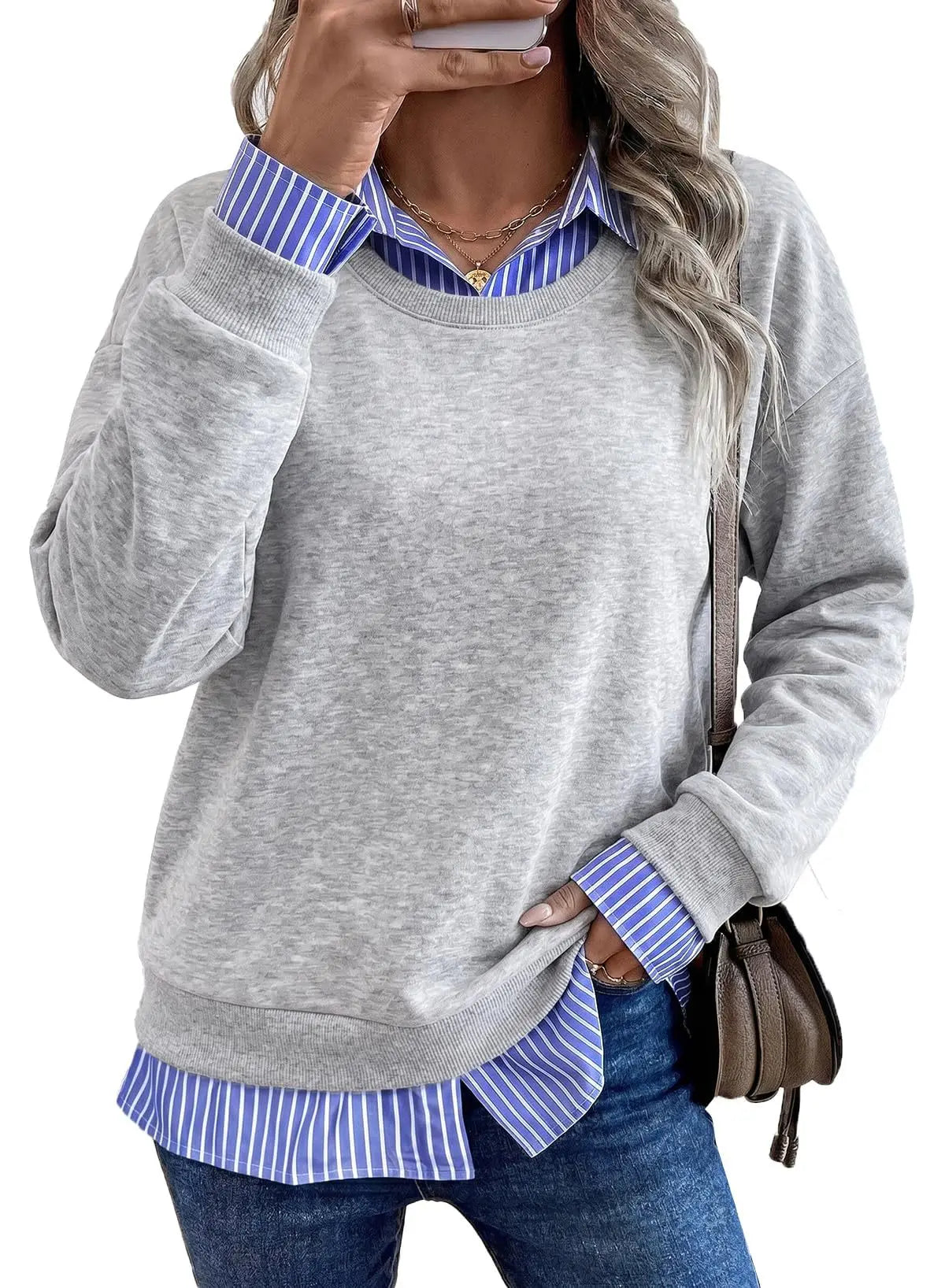 Women's Casual Fake Two Piece Sweatshirt Contrast Collar Striped Patchwork Long Sleeve Crewneck Pullover Top Spring, Autumn, Winter