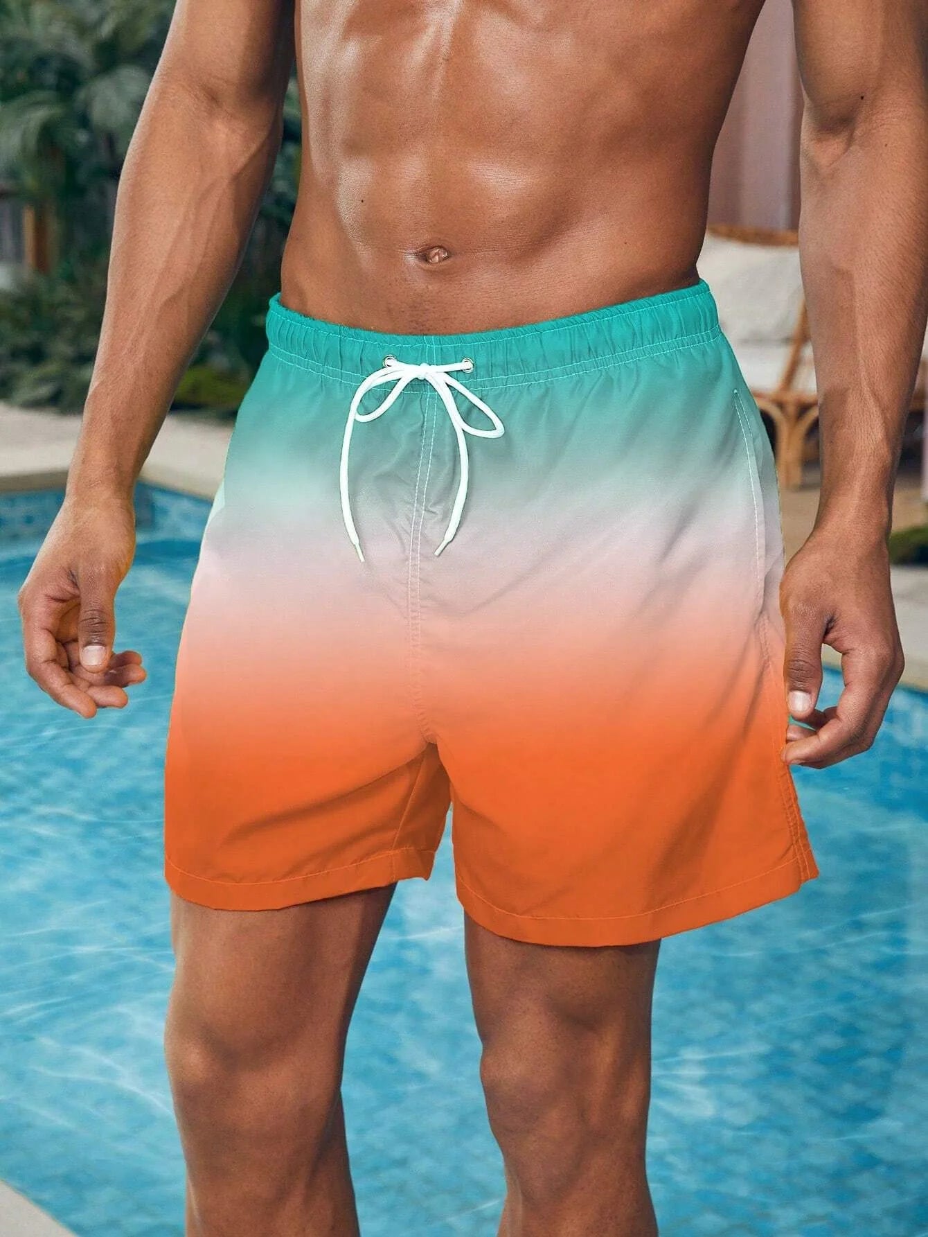 Men's Beach Shorts Gradient Color Block Drawstring Summer Men's swim Trunks Elastic Waist 3D Print Breathable Short Streetwear
