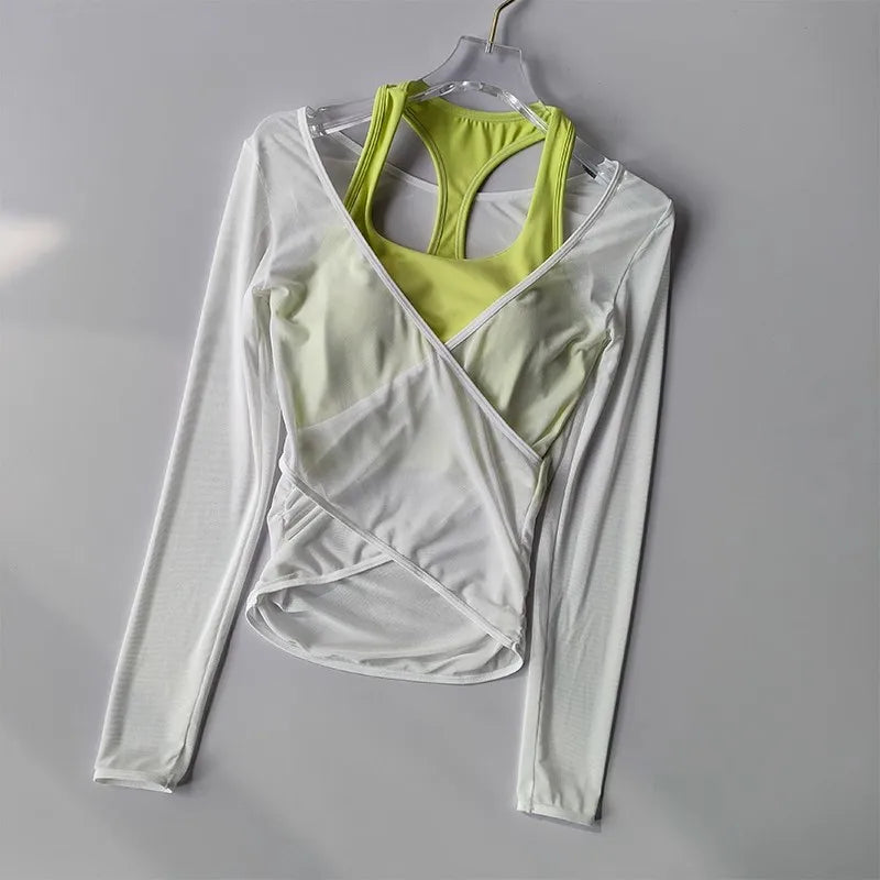 Sexy Mesh Slimming Yoga Suit for Women, Gathering Together, Sports Bra, Two Pieces, Quick Dry Training, Pilates Cover Up Blouse