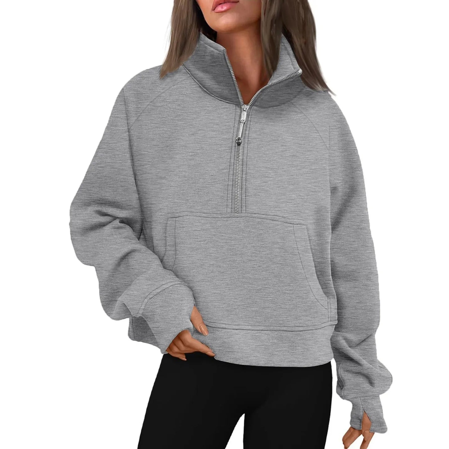 New Women's Hoodies Autumn Winter Stand Collar Plus Fleece Solid Color Sweatshirts Long Sleeve Pocket Loose Half Zip Pullover