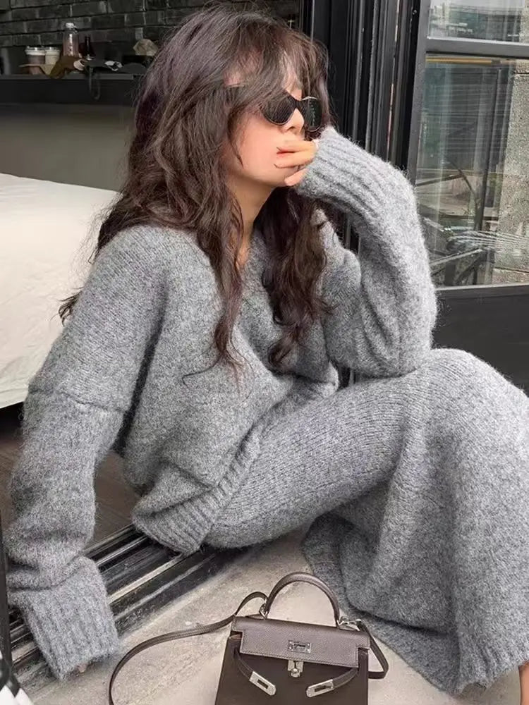 Elegant Solid Skirt Sets Women Autumn Knit V Neck Cardigan Sweater 2 Piece Female Loose Long Skirts Fashion Party Suits