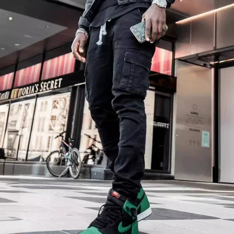 Men Casual Pencil Jeans Male Elastic Multi Pocket Small Slim High Street Denim Pants Wash Solid Color Mid Waist Cargo Jeans