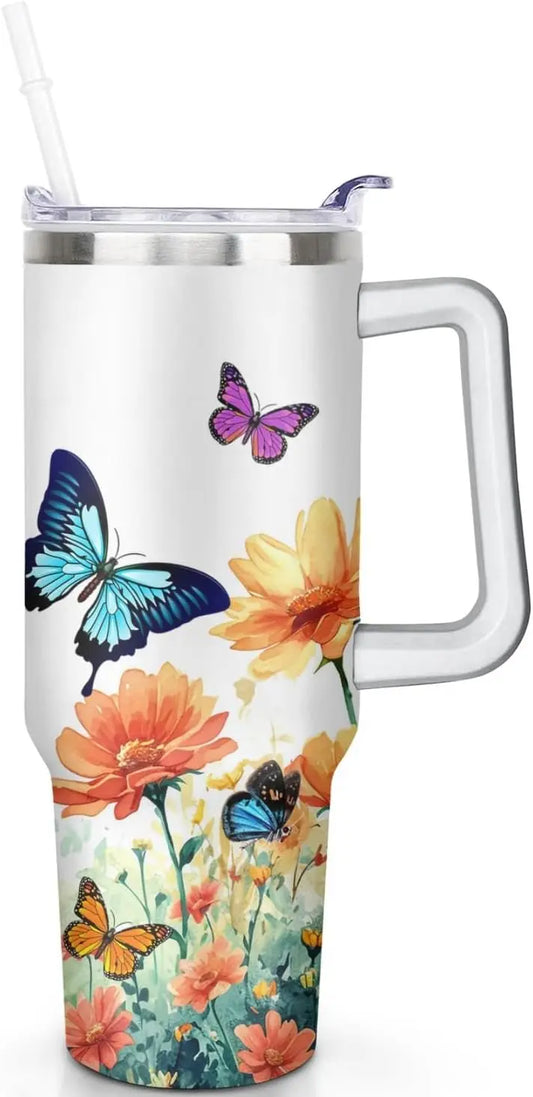 40oz Butterfly Tumbler with Handle and Straw Flower Insulated Cup with Leakproof Lid Travel Drinking Cups Birthday Gifts