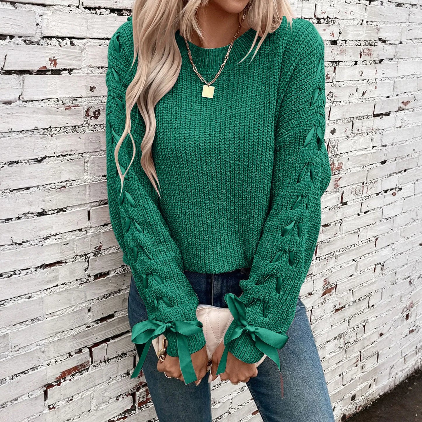 Women'S Fashion Casual Round Neck Long Sleeve Solid Color Lace-Up Bowknot Pullover Loose Women'S Sweater Winter Clothes Woman