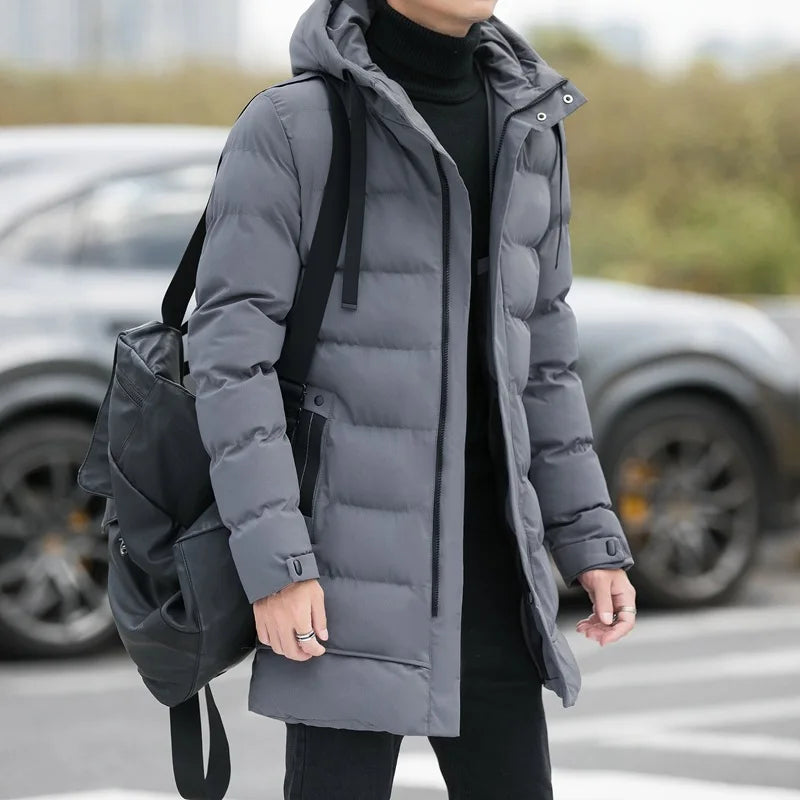 Men's Medium to Long Hooded Jacket Warm Cotton Coat Stand Fit all Season Collection