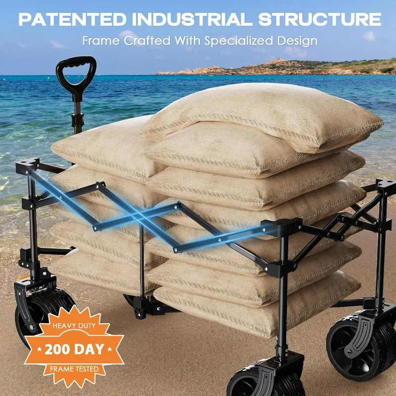 Collapsible Wagon Cart Heavy Duty Foldable, Folding Beach Wagon with Big Wheels for Sand, Utility Grocery Cart with Side Pocket