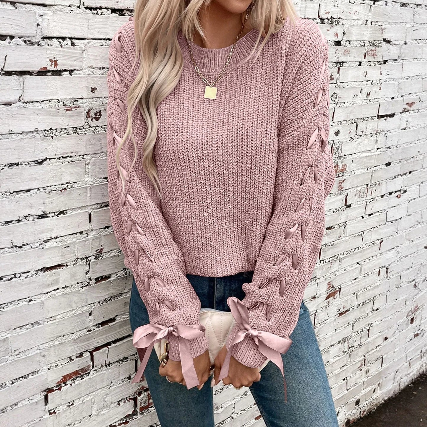 Women'S Fashion Casual Round Neck Long Sleeve Solid Color Lace-Up Bowknot Pullover Loose Women'S Sweater Winter Clothes Woman