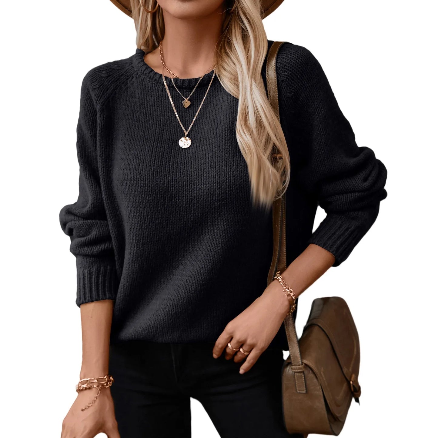 Women'S Fashion Casual Round Neck Solid Color Rolled Hem Pullover Long Sleeve Loose Sweater Ropa De Mujer Winter Clothes Woman