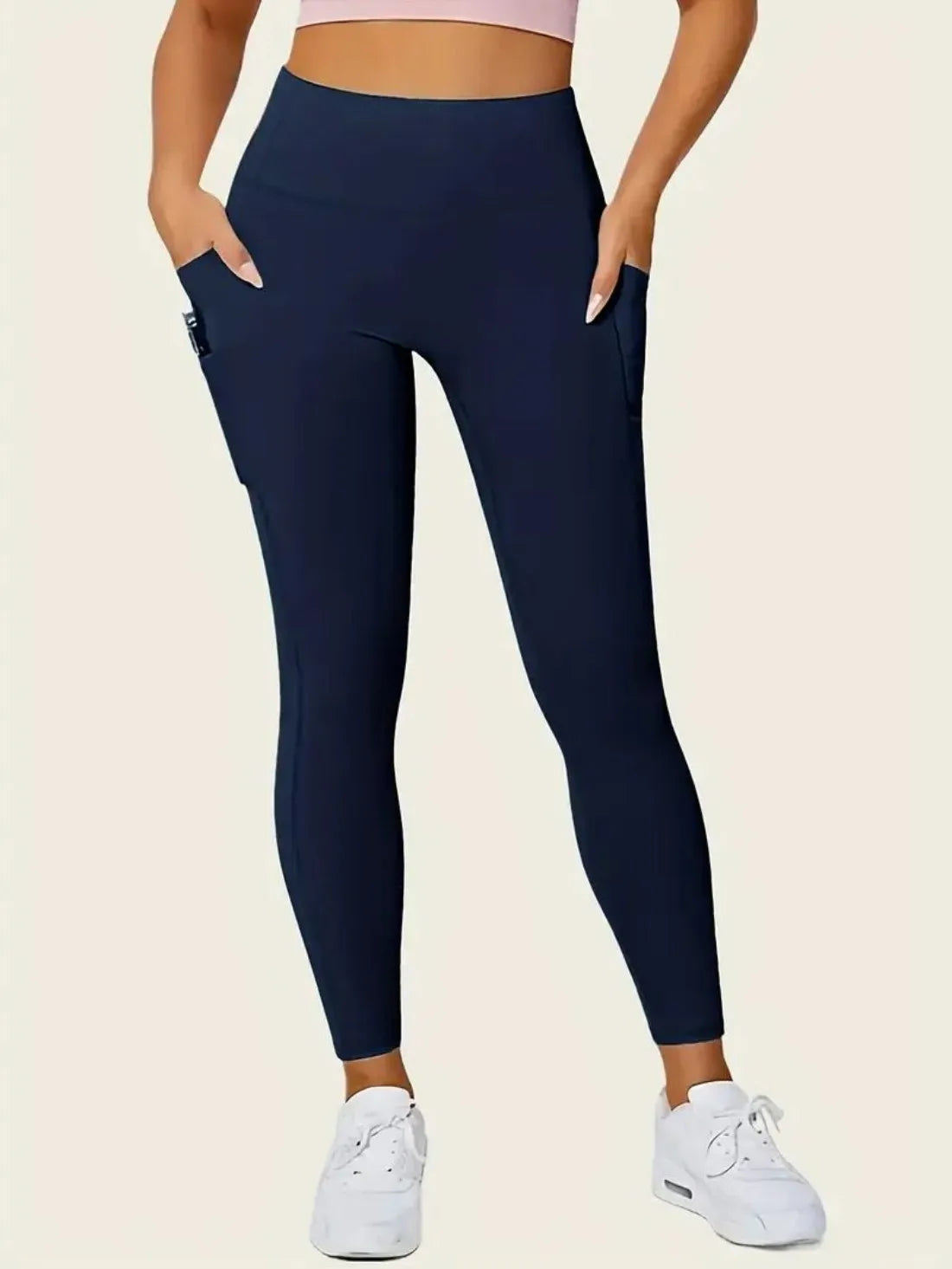 Solid Color Yoga Pants with Pocket, High Stretch Fitness Leggings for Women, Tummy Control Workout Running Sports Activewear, 4-