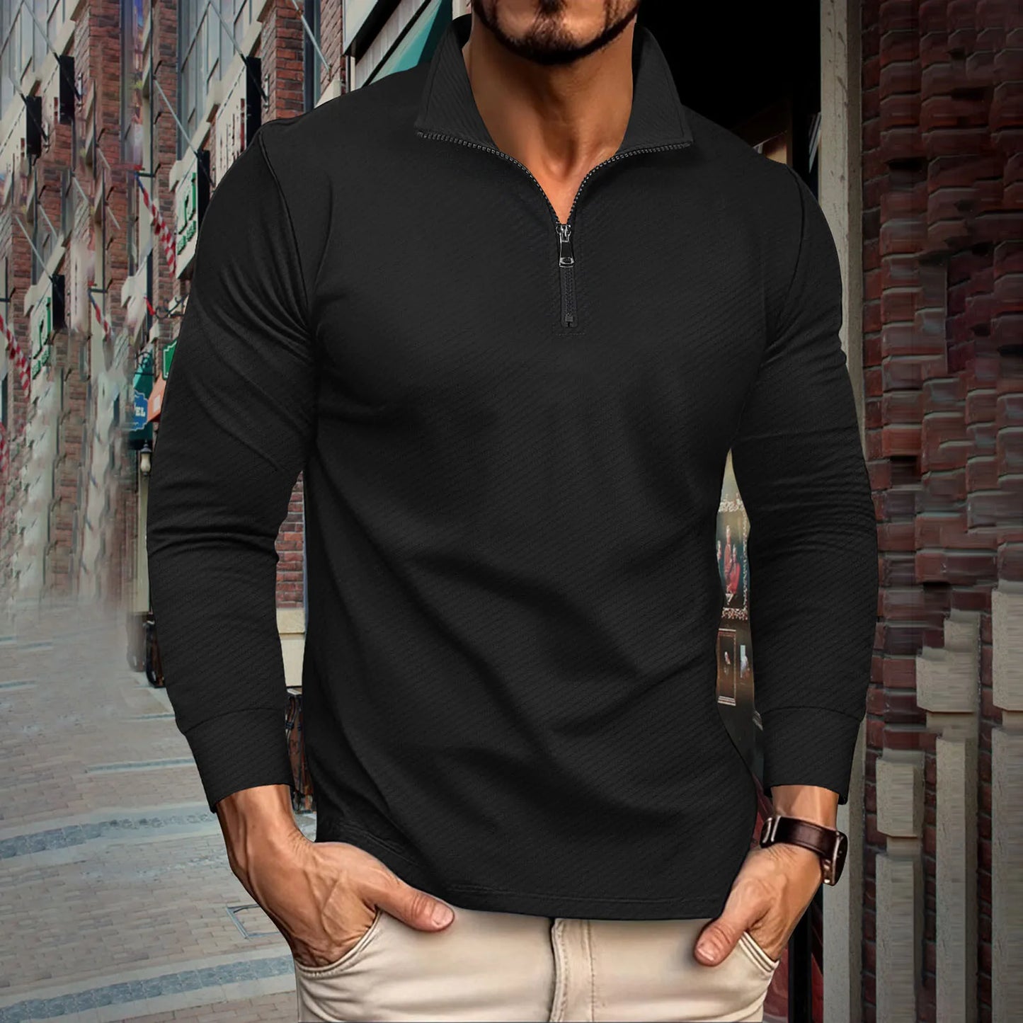 Men's Turtleneck Pullovers Trendy Twill Jacquard Zipper Long Sleeve Knitted Sweaters Men's Sports Shirt Loose Sweaters Tops