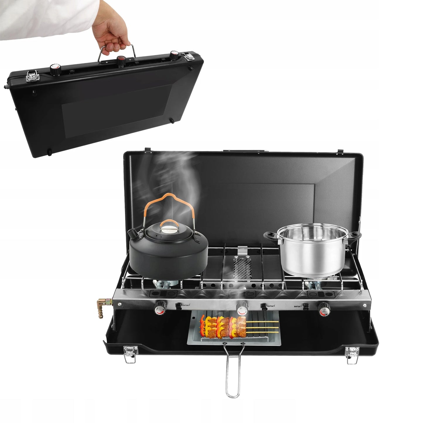 Portable Camping Stove Gas Powerful 3 Separate Burner Windshield for Tourist Picnic BBQ Outdoor Cassette Lightweight, Black
