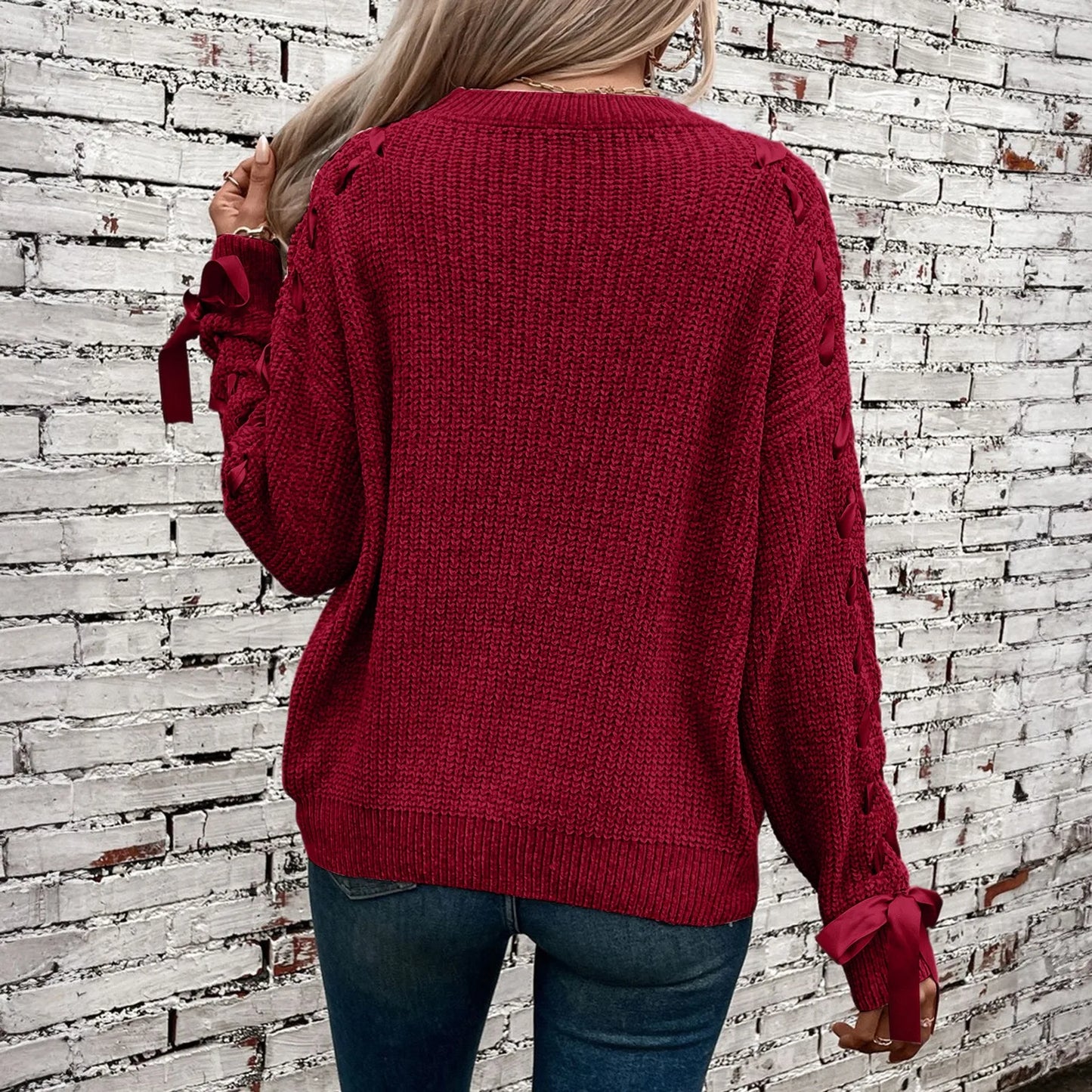 Women'S Fashion Casual Round Neck Long Sleeve Solid Color Lace-Up Bowknot Pullover Loose Women'S Sweater Winter Clothes Woman