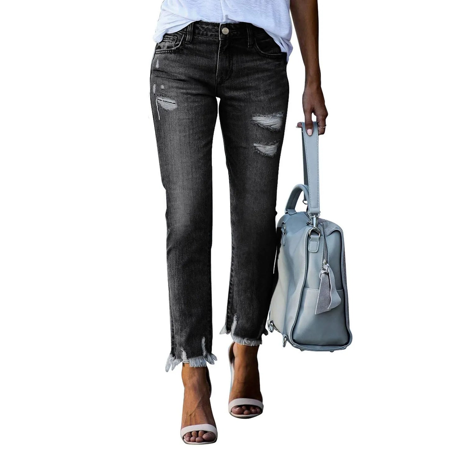 Ripped Slim Vintage Jeans Pencil Pants For Women Clothing Tassel Vintage Denim Trouser Female Bleached Pants New In