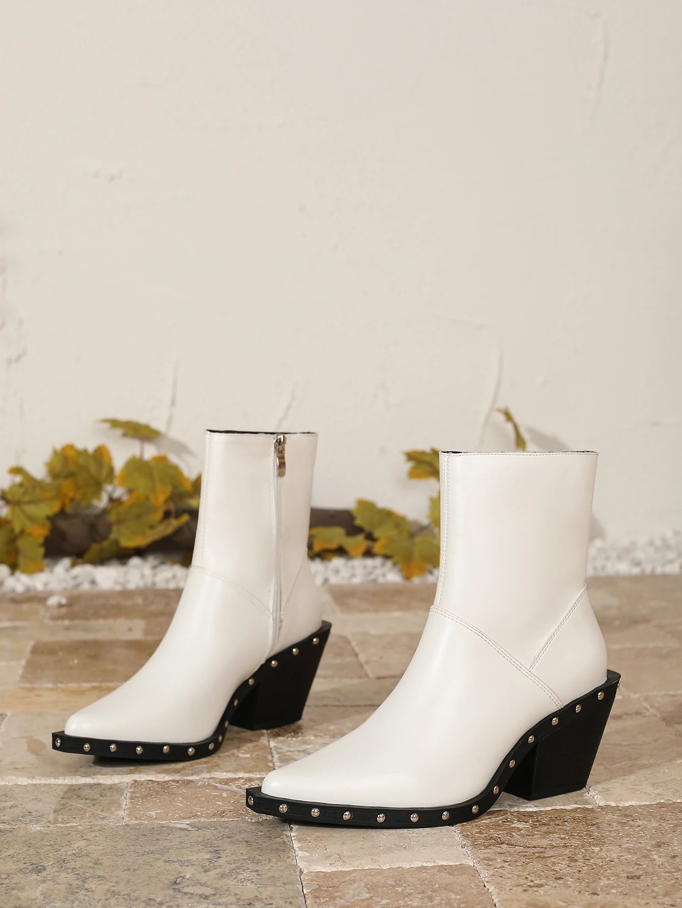 Women's Studded Short Gogo Boots Pointed Toe Chunky High Heel Stretch Ankle Boots