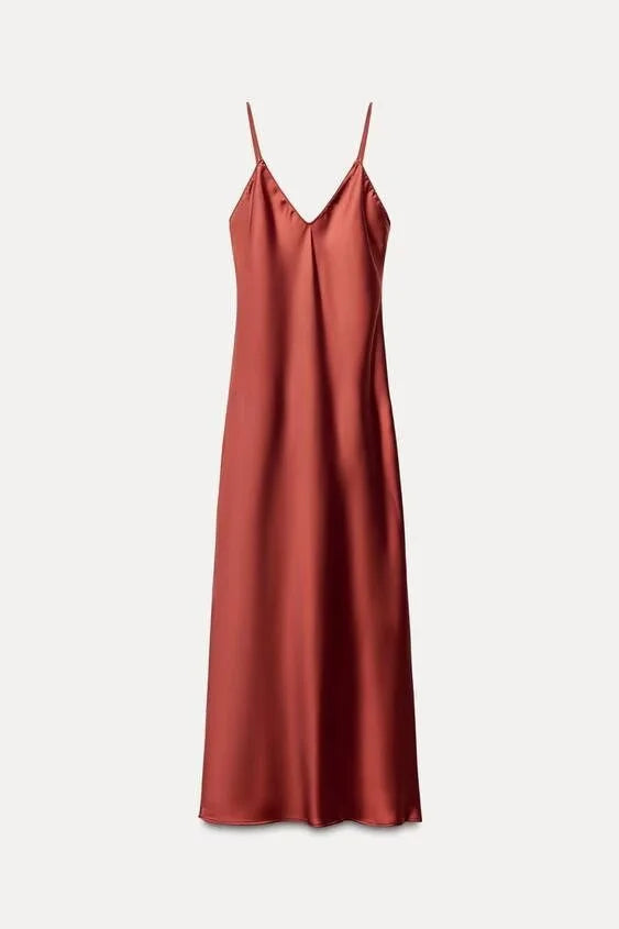 ETJ 2025 Spring New TRAF Elegant women's fashion silk satin texture MIDI dress sexy backless party slip dress