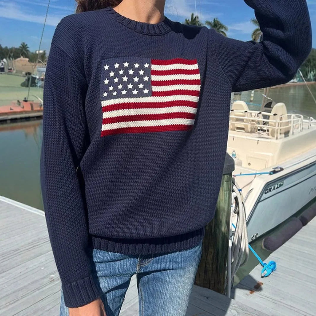 Fashionable Knitted Sweater round neck Loose Fit Easter Independence Day Theme Women's Spring Autumn Winter New Arrival Cotton Blend