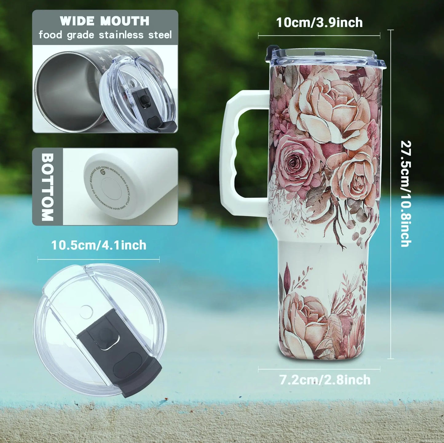 Floral Christian Tumbler 40oz,Vacuum Insulated Stainless Steel Cup with Lid & Handle, Bible Verse Print, Wide Mouth Gift