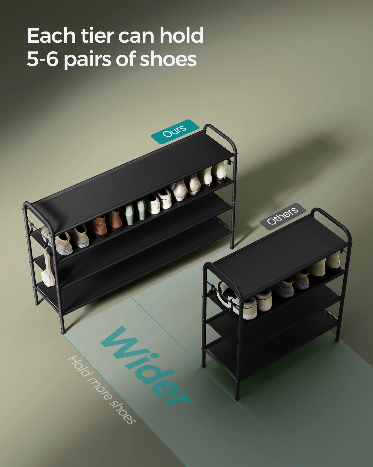 SONGMICSHOME 4-Tier Fabric Shoe Organizer Rack with Hooks Holds up to 24 Pairs of Shoes Entryway Storage Solution
