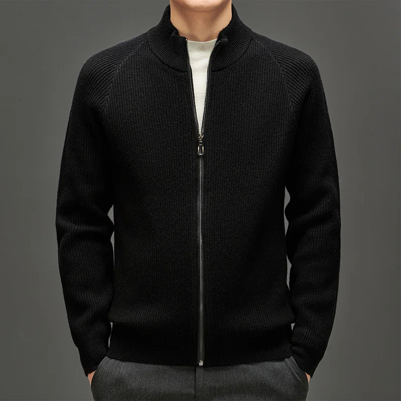 High Quality Mens 100% Wool Sweater Coating O-neck Long Sleeve Zipper Cardigan Winter Thick Smart Casual Wool Kniwear Tops