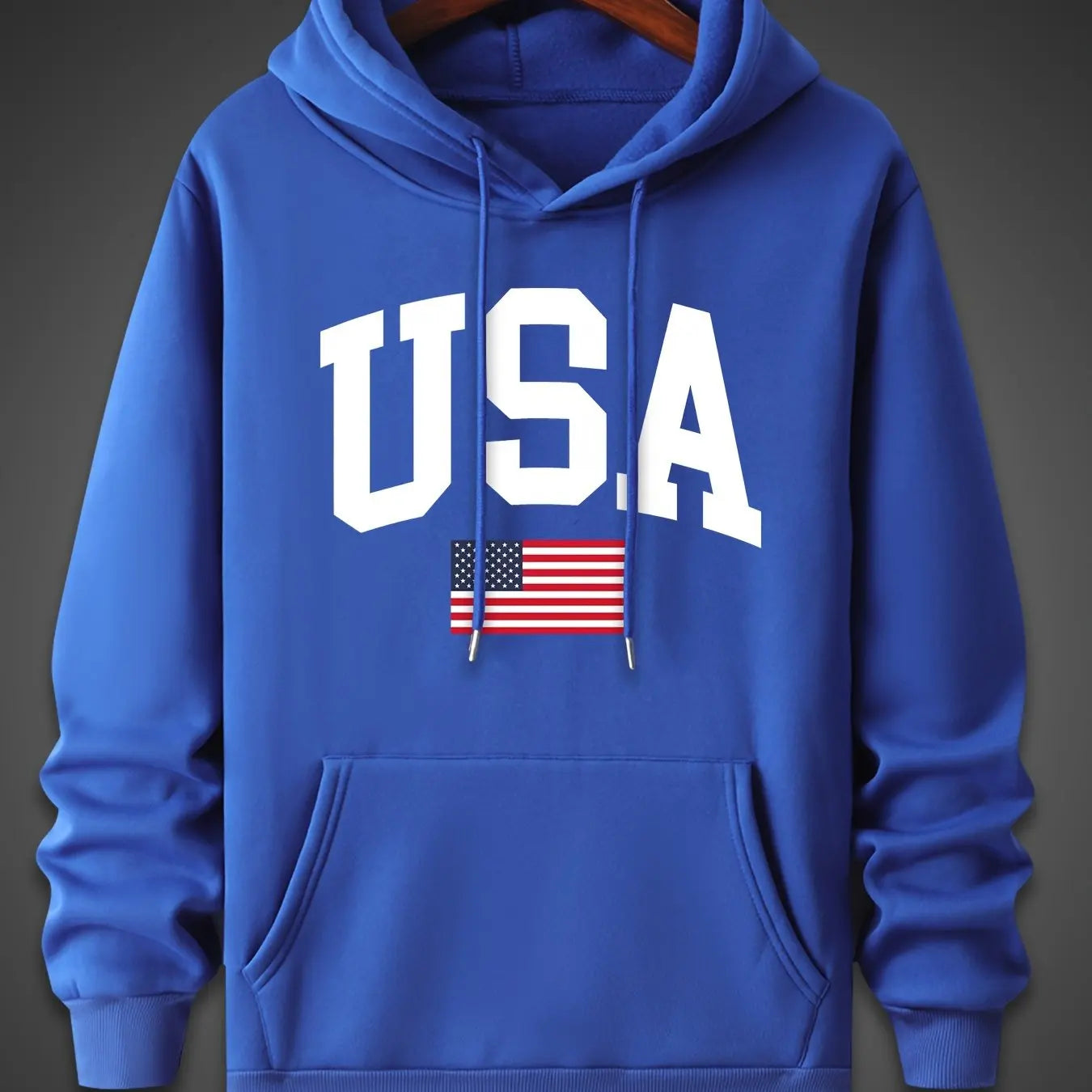 Men's autumn and winter fashionable casual loose oversized USA flag print fleece pullover hooded long sleeved sweatshirt