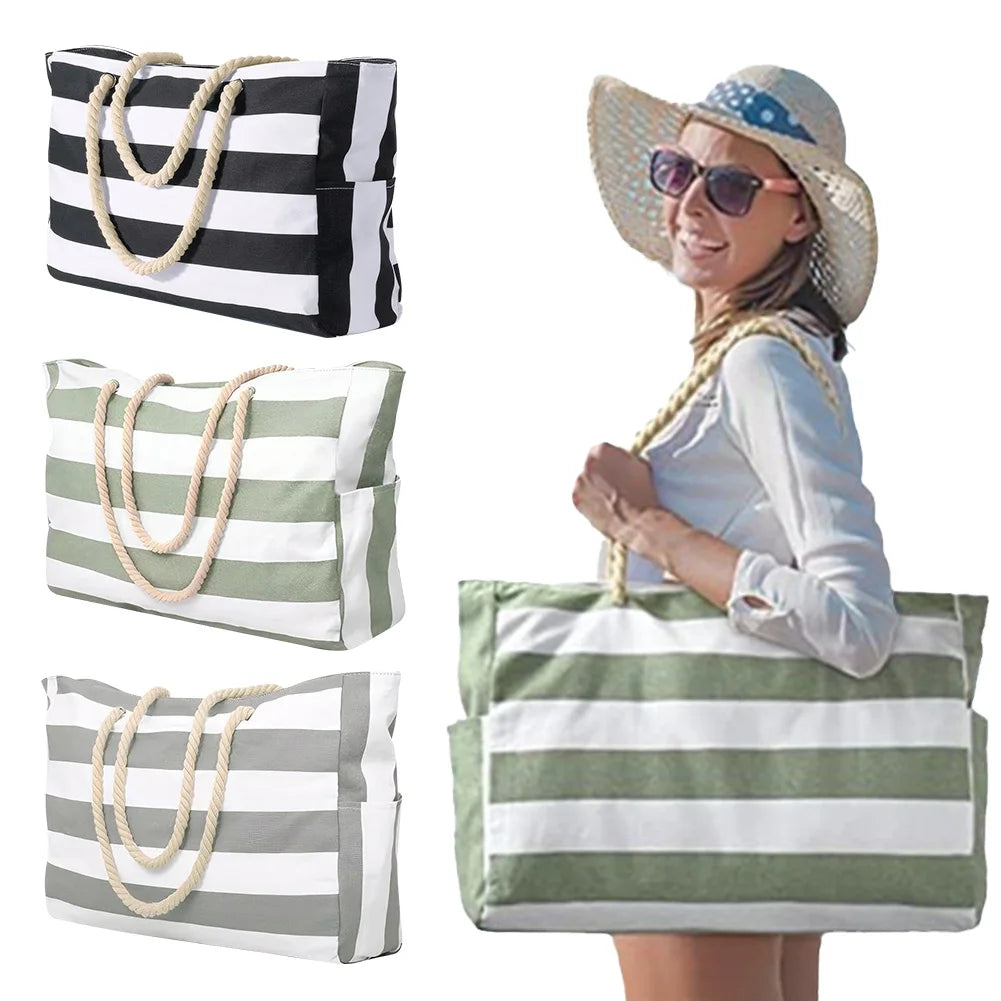 Women Beach Bag Stripe Waterproof Sandproof Shoulder Bag Large Capacity Canvas Tote Bag with Zipper Travel Handbag Swim Pool Bag
