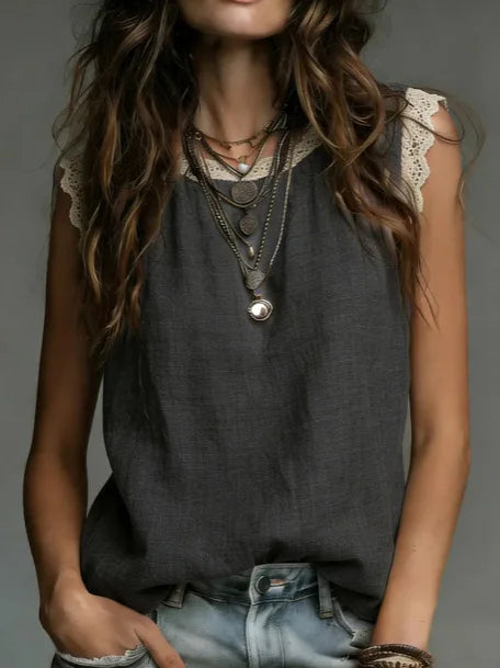 Women's Lace Trim Tank Top Summer Breathe Loose Casual Sleeveless Blouse Office Lady Solid Color Round Neck Basic Vest