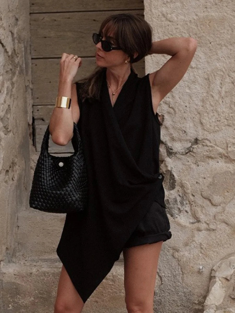 2026 Summer New Women Sleeveless Irregular Solid Color, Button V-neck Vest Top