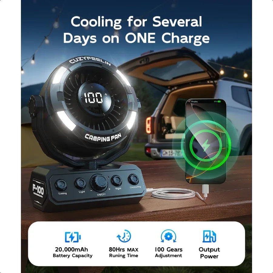 Portable Fan Rechargeable Versatility Camping Fan with LED Light Hook MAX 80H Cooling Time Battery Powered 100 Speeds 180 Oscil