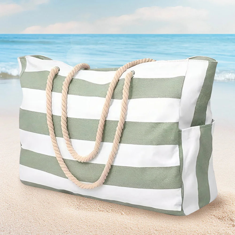 Women Beach Bag Stripe Waterproof Sandproof Shoulder Bag Large Capacity Canvas Tote Bag with Zipper Travel Handbag Swim Pool Bag