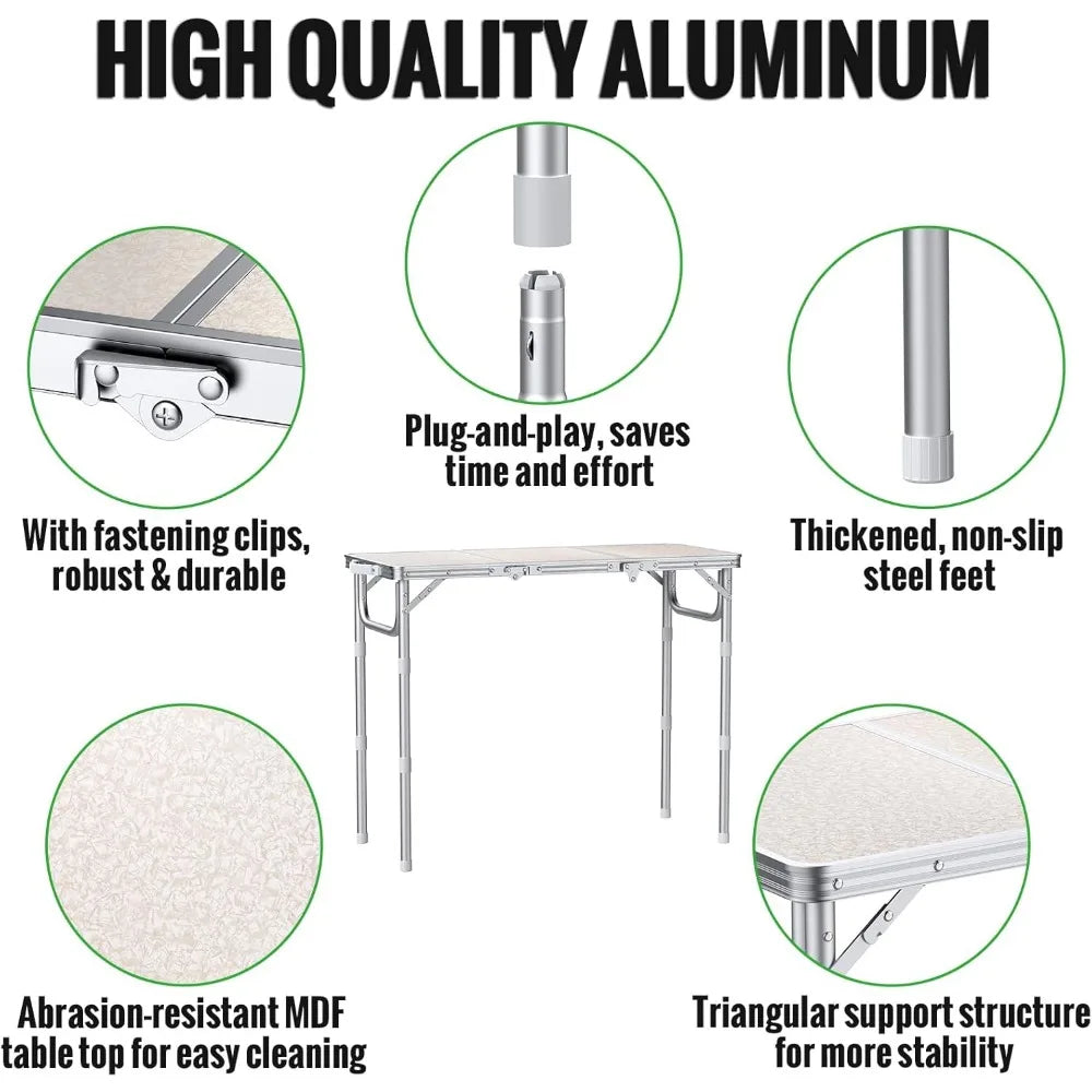 Folding Table for Camping, 3-Adjustable Height Lightweight Folding Picnic Table with Storage Bag, Portable Aluminum Outdoor Tabl