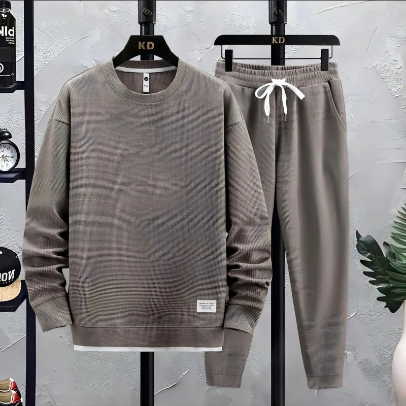 2026 Spring and Autumn New Men's Fashion Brand Round Neck Waffle Set Casual and Handsome Sports Two Piece Set