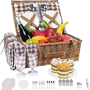 Wicker Picnic Basket for 4 with Insulated Cooler & Waterproof Blanket – Large Willow Picnic Hamper for Outdoor, Camping, Beach,