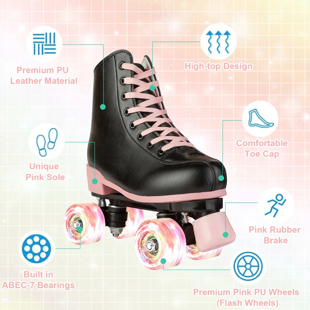 Pu Leather Flashing Roller Skates Size 35-42 Women Roller Skating Shoes Adult Outdoor Skating Training 4 Wheels Sneakers